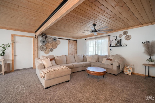 living room with ceiling fan, a barn door, wood ceiling, and carpet floors