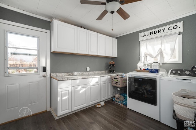 laundry area featuring cabinets, sink, ceiling fan, independent washer and dryer, and dark hardwood / wood-style flooring