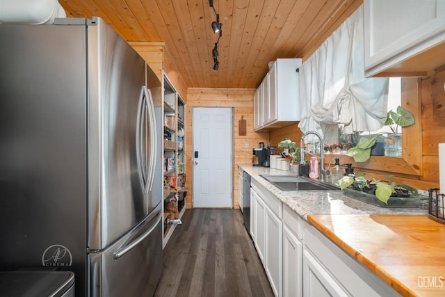 kitchen with wood walls, track lighting, white cabinetry, wood ceiling, and stainless steel appliances