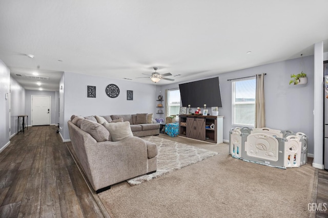 5803 Vespucci Ave, Bakersfield, CA 93313 - living area featuring a ceiling fan, healthy amount of natural light, and wood finished floors