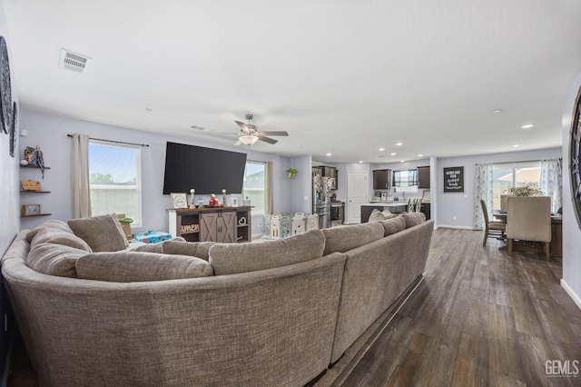 5803 Vespucci Ave, Bakersfield, CA 93313 - living room featuring dark wood finished floors, recessed lighting, and a ceiling fan