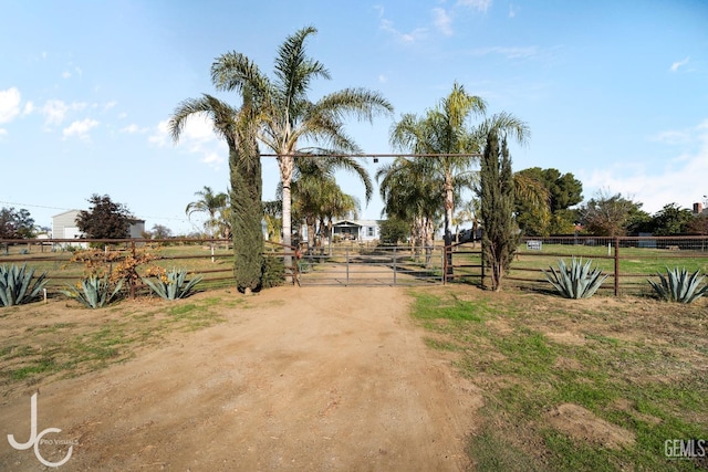 view of street with dirt driveway, a gated entry, and a rural view