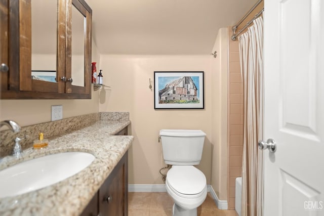 full bathroom with tile patterned floors, shower / tub combo with curtain, vanity, and toilet