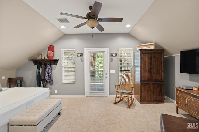 bedroom featuring access to exterior, light colored carpet, ceiling fan, and lofted ceiling