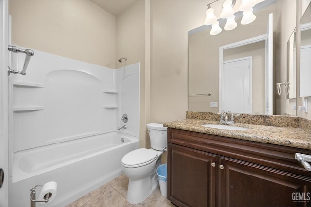 bathroom with shower / bathtub combination, tile patterned flooring, vanity, and toilet