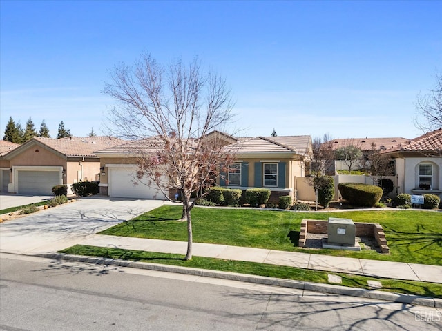 view of front of home with a garage, driveway, a front yard, and stucco siding