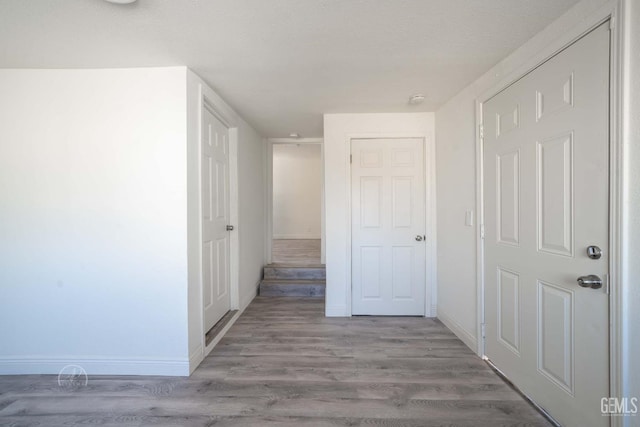 hall with baseboards and wood finished floors
