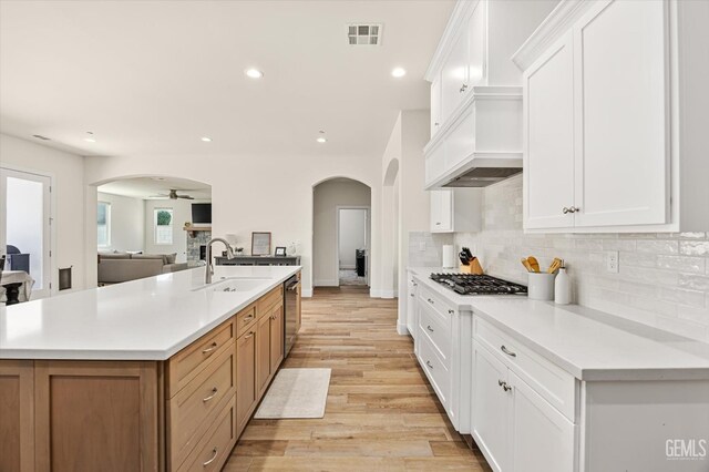 506 Rosehaven Ln, Tehachapi, CA 93561 - kitchen with arched walkways, custom range hood, a sink, and visible vents