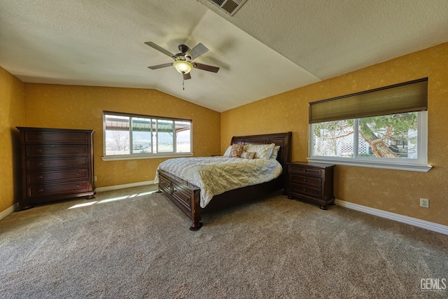 22824 Mariposa Rd, Tehachapi, CA 93561 - carpeted bedroom featuring multiple windows, baseboards, lofted ceiling, and a textured ceiling