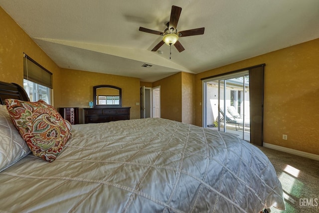 22824 Mariposa Rd, Tehachapi, CA 93561 - bedroom featuring access to exterior, lofted ceiling, baseboards, visible vents, and carpet