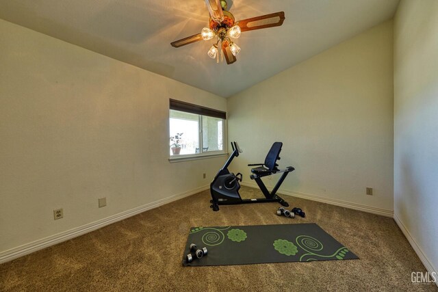 22824 Mariposa Rd, Tehachapi, CA 93561 - exercise area featuring baseboards, lofted ceiling, ceiling fan, and carpet
