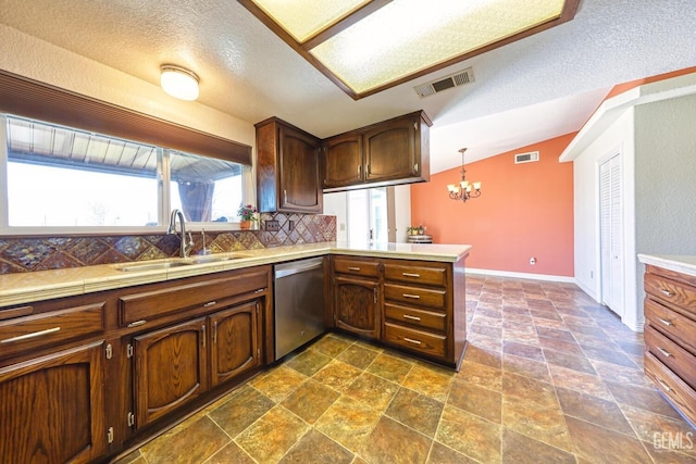 22824 Mariposa Rd, Tehachapi, CA 93561 - kitchen with a sink, visible vents, a notable chandelier, and dishwasher