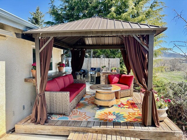 22824 Mariposa Rd, Tehachapi, CA 93561 - view of patio / terrace with a grill, an outdoor living space, a gazebo, and fence