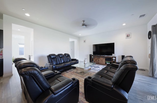 15920 Waterford St, Bakersfield, CA 93314 - living area featuring ceiling fan, wood finished floors, and recessed lighting