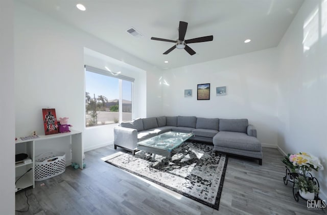 15920 Waterford St, Bakersfield, CA 93314 - living room featuring ceiling fan, wood finished floors, and recessed lighting