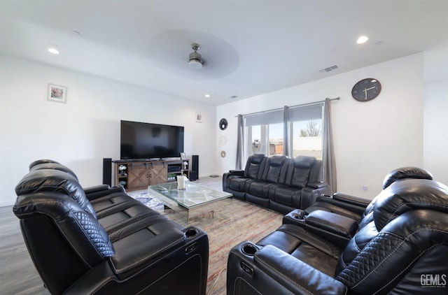 15920 Waterford St, Bakersfield, CA 93314 - living room featuring ceiling fan, recessed lighting, and wood finished floors
