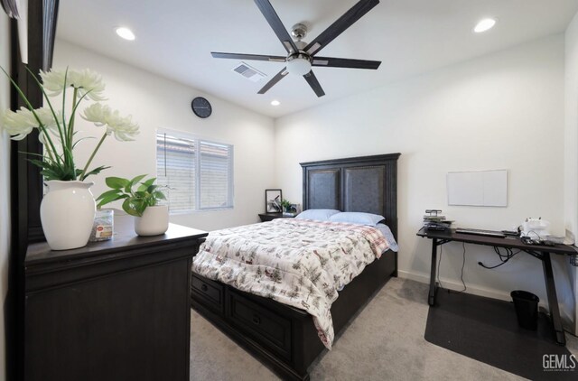 15920 Waterford St, Bakersfield, CA 93314 - bedroom with light colored carpet, recessed lighting, and ceiling fan