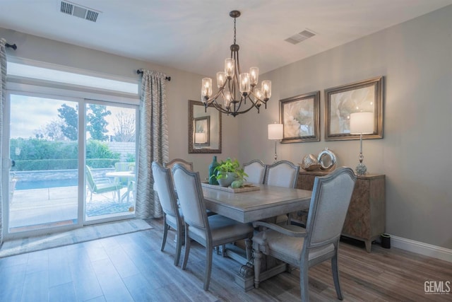 dining room with hardwood / wood-style flooring and a chandelier