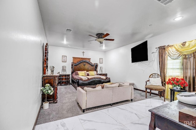 28124 Mustang Ave, Taft, CA 93268 - bedroom featuring marble look tiles, ceiling fan, and baseboards