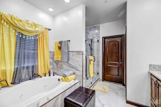 28124 Mustang Ave, Taft, CA 93268 - full bathroom with a stall shower, marble finish floors, a tub with jets, and recessed lighting