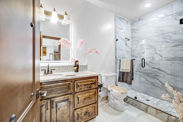 28124 Mustang Ave, Taft, CA 93268 - bathroom with a marble finish shower, marble finish flooring, toilet, vanity, and recessed lighting