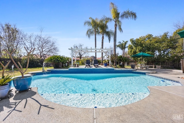 view of swimming pool featuring a fenced in pool, fence, a patio, and a pergola