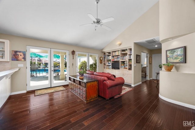 living room featuring dark wood-style flooring, visible vents, ceiling fan, and baseboards