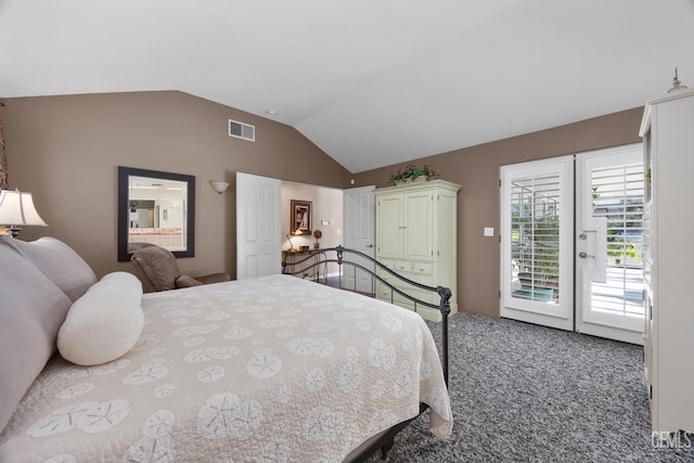 bedroom with access to outside, visible vents, vaulted ceiling, and carpet flooring