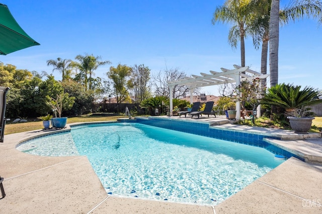 view of swimming pool featuring a fenced in pool, a pergola, and a patio