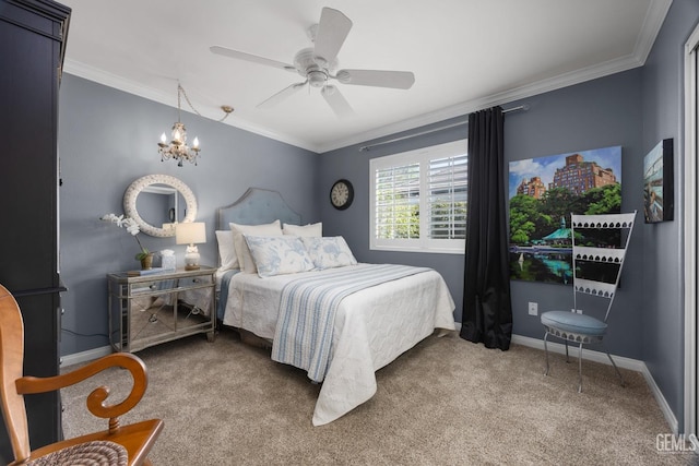 carpeted bedroom featuring ceiling fan with notable chandelier, ornamental molding, and baseboards