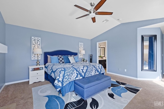 bedroom featuring vaulted ceiling, carpet floors, visible vents, and baseboards