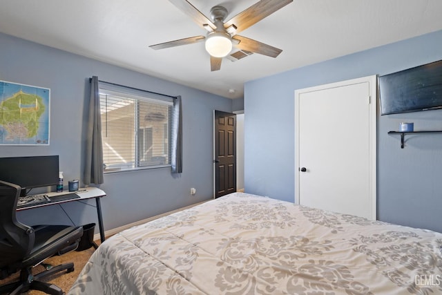 bedroom with a ceiling fan, a closet, visible vents, and baseboards