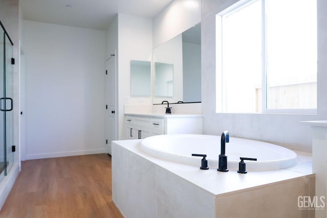 bathroom with hardwood / wood-style flooring, vanity, and independent shower and bath