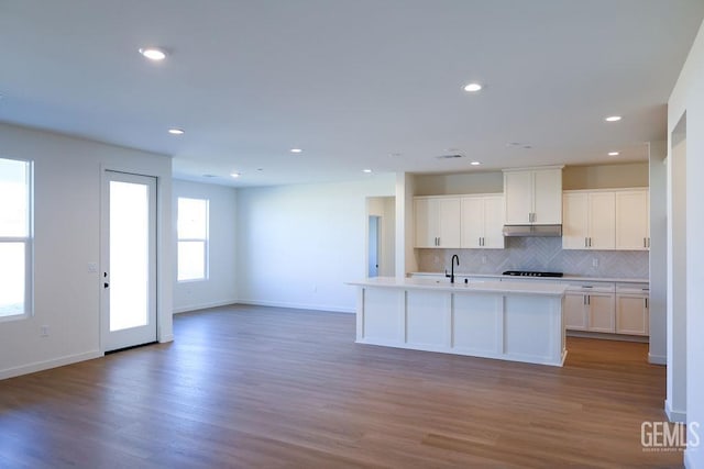 kitchen with sink, an island with sink, decorative backsplash, and white cabinets