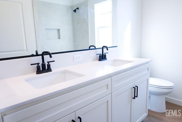 bathroom featuring vanity, toilet, and wood-type flooring