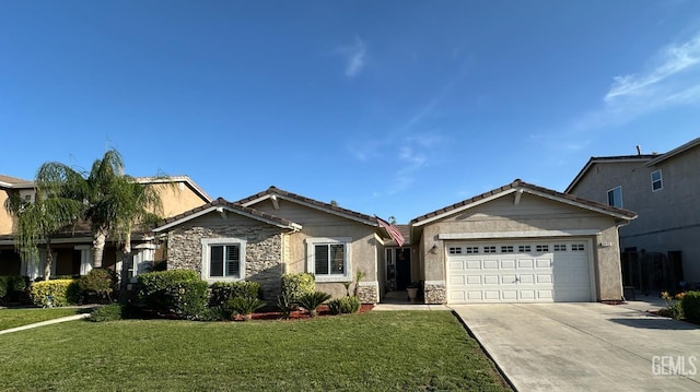 2114 Via Lazio Ave, Delano, CA 93215 - view of front of property featuring stone siding, concrete driveway, a garage, a front yard, and a tile roof