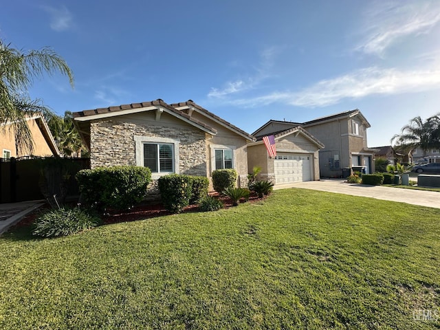 2114 Via Lazio Ave, Delano, CA 93215 - view of front facade featuring stone siding, driveway, an attached garage, stucco siding, and a tile roof