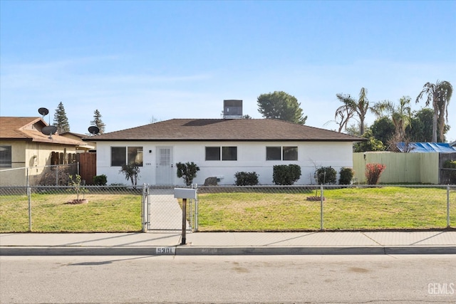 ranch-style house with a front lawn, a fenced front yard, and stucco siding