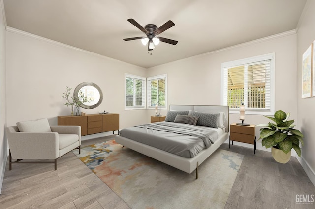 1701 Elm St, Bakersfield, CA 93301 - bedroom featuring light wood-style flooring, ornamental molding, baseboards, and a ceiling fan