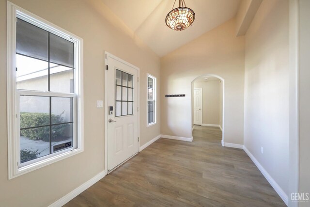 entryway with vaulted ceiling and dark hardwood / wood-style floors