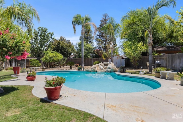 5702 San Pierre Ct, Bakersfield, CA 93308 - view of pool featuring a fenced backyard, a patio, and a shed