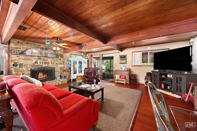 living room featuring a stone fireplace, a ceiling fan, wood ceiling, and beamed ceiling