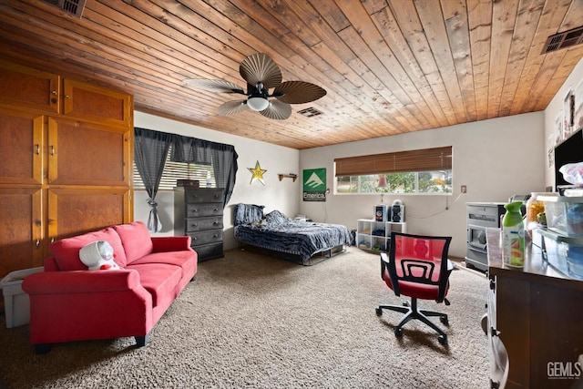 bedroom with wooden ceiling, ceiling fan, carpet, and visible vents