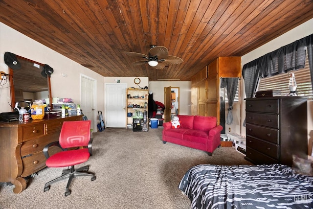 bedroom featuring carpet floors and wood ceiling