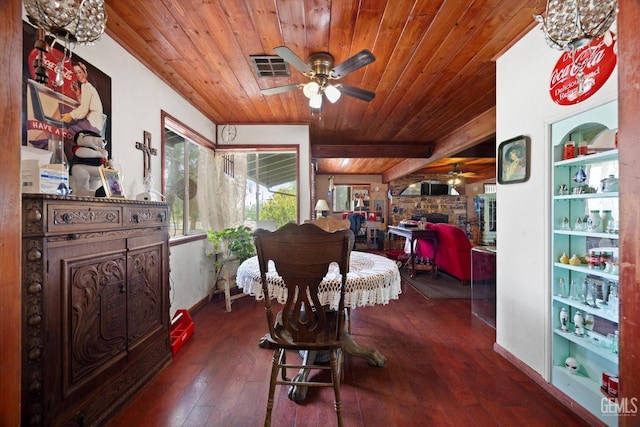 living area featuring ceiling fan, a stone fireplace, wooden ceiling, baseboards, and hardwood / wood-style floors