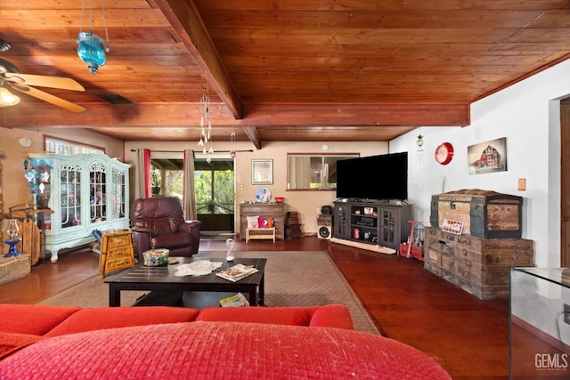 living area featuring wooden ceiling, ceiling fan, beam ceiling, and wood finished floors