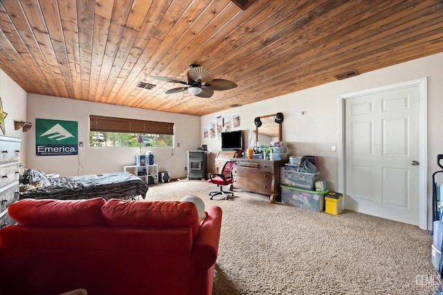 living area featuring visible vents, carpet flooring, wood ceiling, and a ceiling fan