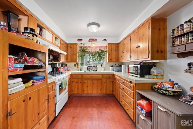 kitchen with wood-type flooring, gas range gas stove, open shelves, and light countertops