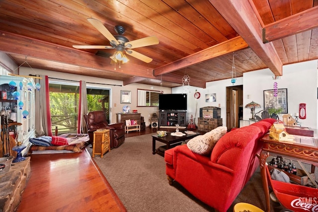 living area with wood ceiling, ceiling fan, beam ceiling, and wood finished floors