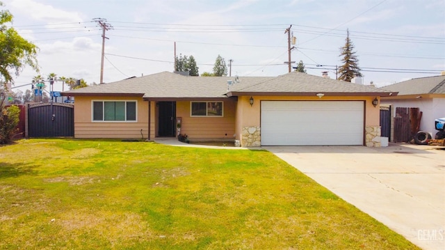 3301 Reeder Ave, Bakersfield, CA 93309 - ranch-style house with driveway, a gate, a front yard, fence, and an attached garage